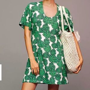 NEW Short sleeve crew neck linen floral printed dress